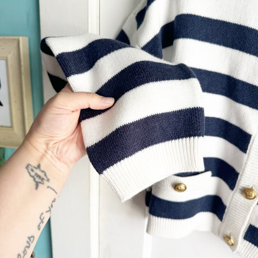 American Eagle Navy Striped Cropped Crewneck Cardigan NWT XL Preppy Nautical - Picture 9 of 15
